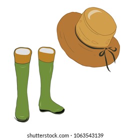 Green Robber Boots with Brown Hat isolated on white. Garden Set Vector Illustration.