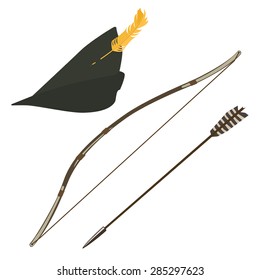 Green robin hood hat with feather, bow and arrow vector illustration, 