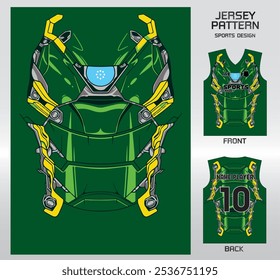 green robot armor pattern design, illustration, textile background for sports t-shirt, football jersey shirt mockup for football club. consistent front view