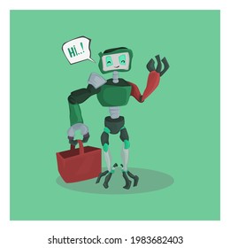 green robot character vector illustration mascot carrying a shopping bag while waving