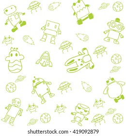 Green robot doodle art with white backgrounds