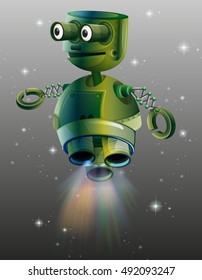 Green robot flying in the space illustration