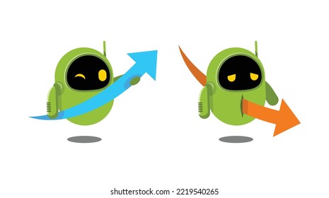 Robot verde con flecha gráfica. Robot feliz y robot triste.