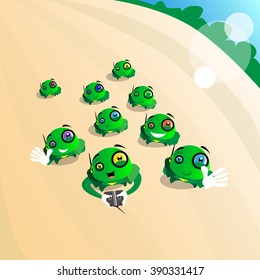 Green Robot Group Drone Video Camera Top Air View Hold Remote Control Flying Aerial Shoot Flat Vector Illustration