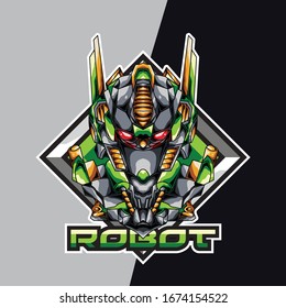 Green robot head e sport logo and mascot game