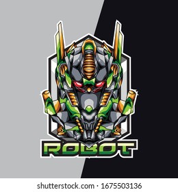 Green robot head e sport logo and mascot game