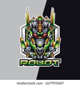Grüner Roboterkopf e Logo und Maskottspiel