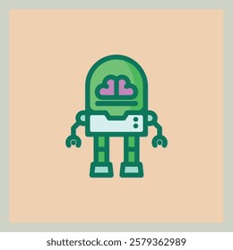 Green robot icon with brain visible simple and flat design in light colors style on peach background