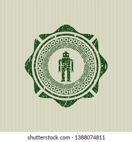Green robot icon inside distress rubber grunge texture seal