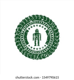Green robot icon inside distressed with rubber seal texture