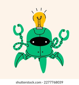 Green Robot looks like crab with bulb. Cute artificial robotic character. Hand drawn Vector illustration. Futuristic retro android. Cartoon style. Isolated design element. Good idea concept