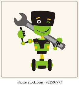 Green robot on wheels with the large wrench on her shoulder in cartoon style shows "like".