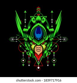 Green Robot with sacred geometry background