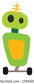 A green robot with two wheels and an yellow antenna on the top vector color drawing or illustration