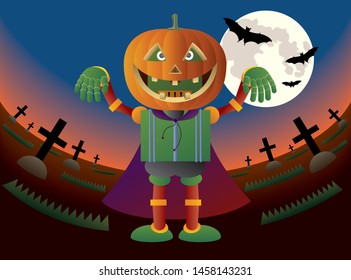 A green Robot wearing a pumpkin at Halloween