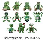 Green robots in different actions illustration