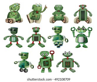 Green robots in different actions illustration