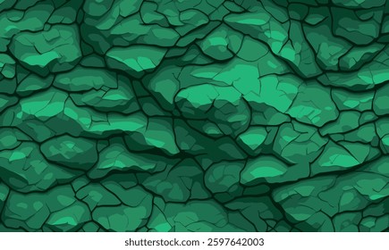 Green rock background. Abstract green rock texture. Grunge stone background. The texture of the mountains. Vector. Grunge backdrop, template, banner with volumetric rock texture. 3D mapping.