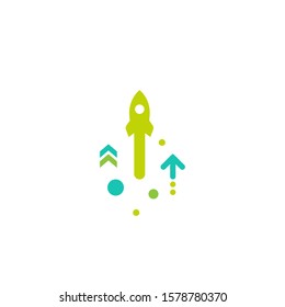 green rocket and arrows up with dots on white background. Launch, upgraid icon. Creative project start, business advance, breakthrough sign. Fast growth symbol. Speed, grow up, increase