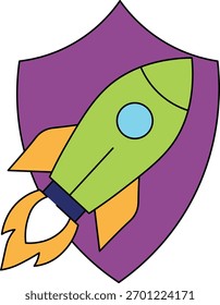 Foguete verde janela azul chama laranja e fundo de escudo roxo criar emblema energético brincalhão simbolizando inovação criatividade e progresso no estilo de desenho animado moderno