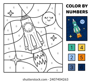 Green rocket. Color by number. Coloring page. Game for kids. Kawaii, cartoon, vector. Isolated vector illustration eps 10
