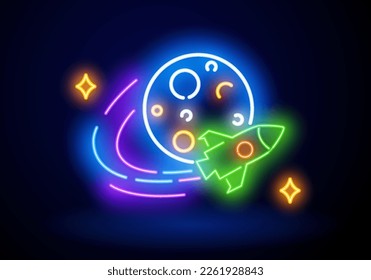 Vector de señalización de la luz del neón de la luna redonda verde de la mosca del cohete. Icono brillante señalización de Vuelo Vuelo Vuelo Planeta de Cohetes. Planetas de cohetes y galaxias Neon Light Vector Red.