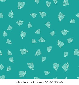 Green Rocket flying up on coins growth chart icon isolated seamless pattern on green background. Graph that shows increase in sales.  Vector Illustration