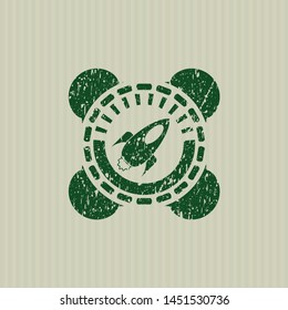 Green rocket icon inside distressed grunge style stamp