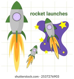 green rocket launches. rocket launch. vector illustration. symbol. science and technology. education. software. children's book. spacecraft