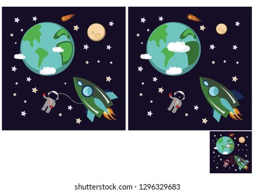 Green rocket. Logic puzzle game for children and adults. Need to find 10 differences.