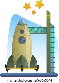 Green rocket on the launch pad. Children's toys. The rocket is preparing to take off into space. The stars. Vector illustration on white background.