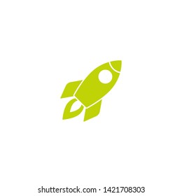 Green Rocket ship with fire in circle. Isolated on white. Flat icon. Vector illustration with flying rocket. Space travel.  