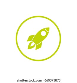 Green Rocket ship with fire in circle. Isolated on white. Flat icon. Vector illustration with flying rocket. Space travel. Space rocket launch. Project start up sign. Creative idea symbol.
