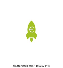 Green Rocket ship with fire with euro sign. Euro growth vector icon. Flat icon. Isolated on white. Economy, finance, money symbol. Currency pictogram. Vector illustration. Black and white 
