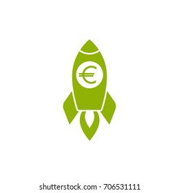 Green Rocket ship with fire with euro sign. Euro growth vector icon. Flat icon. Isolated on white. Economy, finance, money symbol. Currency pictogram. Vector illustration. Black and white 