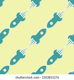 Green Rocket ship with fire icon isolated seamless pattern on yellow background. Space travel. Flat design. Vector Illustration