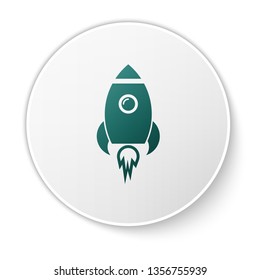 Green Rocket ship with fire icon isolated on white background. Space travel. White circle button. Vector Illustration