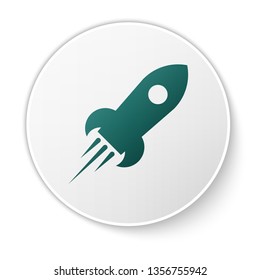 Green Rocket ship with fire icon isolated on white background. Space travel. White circle button. Vector Illustration
