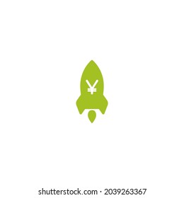 Barco Green Rocket con fuego con signo de yenes. Icono del vector de crecimiento del euro. Icono plano. Aislado en blanco. Economía, finanzas, símbolo del dinero. Pictograma de moneda. Ilustración vectorial. Negro y blanco 