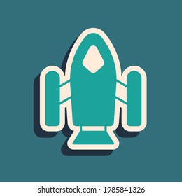 Green Rocket ship icon isolated on green background. Space travel. Long shadow style. Vector