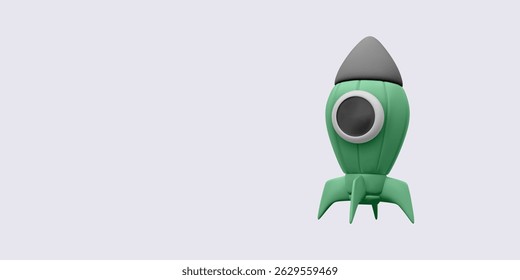 Green Rocket Ship In Minimal 3D Style With Round Window, Symbolizing Startup, Innovation, And Space Exploration. Vector Illustration.