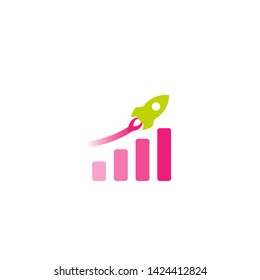 Green Rocket ship with pink fire and graduated pink growth diagram. Isolated on white. Flat icon. Vector illustration with flying rocket. Project start up sign. Progress, chart, increase symbol