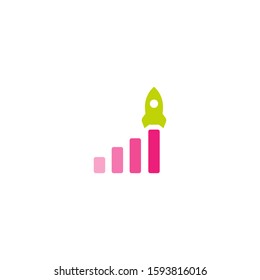 Green Rocket ship with pink fire and graduated pink growth diagram. Isolated on white. Flat icon. Vector illustration with flying rocket. Project start up sign. Progress, chart, increase symbol