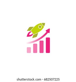 Green Rocket ship with pink fire and graduated pink growth diagram. Isolated on white. Flat icon. Vector illustration with flying rocket. Project start up sign. Creative idea symbol.