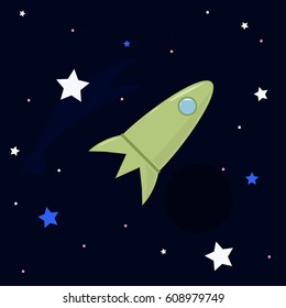 Green rocket in space among the stars. Vector cartoon illustration.