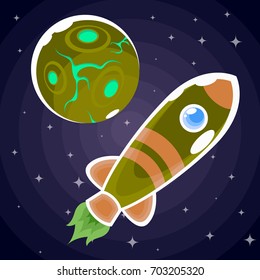 A green rocket sticker with brown stripes and a blue porthole that flies past the green planet