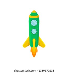 Green rocket with yellow stripes. Vector illustration on white background.