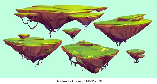 Green rocky flying island isolated cartoon illustration set. Colorful vector image of floating land pieces. Fantasy summer landscape ground pieces hanging in air, game design collection - Shutterstock ID 2185317579