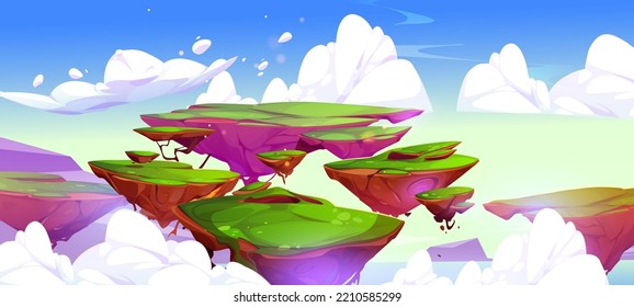 Green rocky flying islands cartoon fantasy game landscape. Floating land pieces with grass above sea surface in blue sky with fluffy clouds. Summer ground pieces hanging in air, Vector illustration