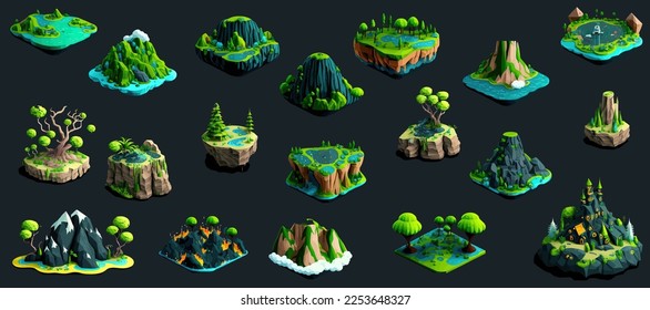 Green rocky flying islands with rocky hills. Fantastic islands isolated on black background. Isolated set of cartoon illustrations. Vector